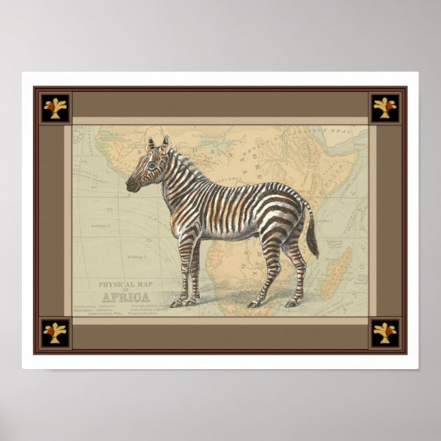 Pôster Mapa africano e zebra (Frente)