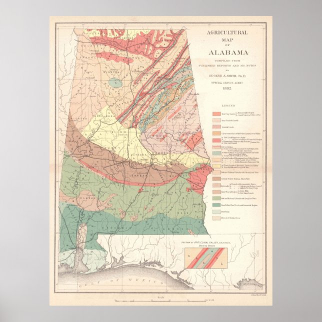 Pôster Mapa agrícola do Alabama (1882) (Frente)