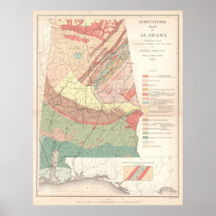 Pôster Mapa agrícola do vintage de Alabama (1882)