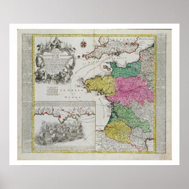 Poster Mapa alemão mostrando ataques navais ingleses em f (Frente)