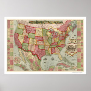 Pôster Mapa americano 1872 da estrada de ferro da união