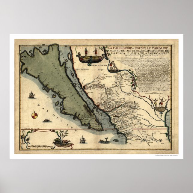 Pôster Mapa antecipado da Califórnia e do México 1712 (Frente)