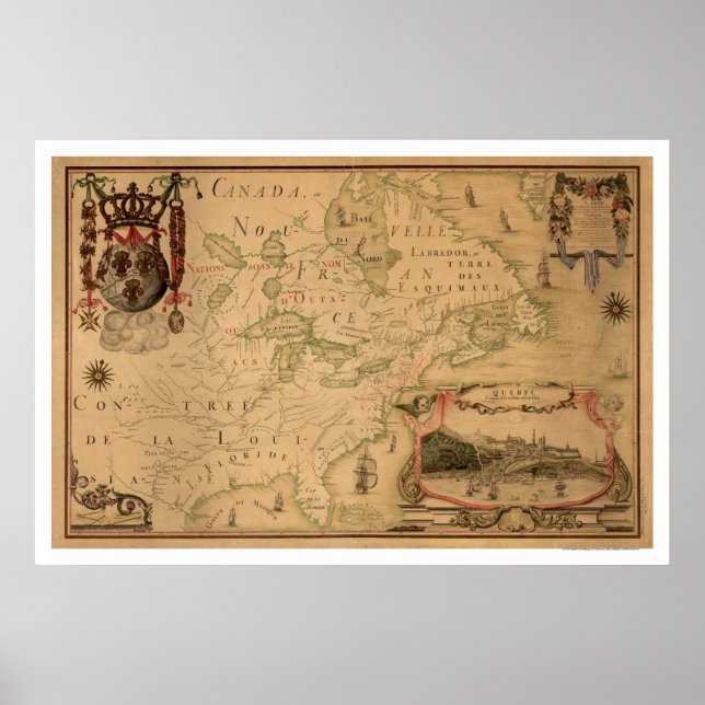 Poster Mapa Antecipado do Quebec Canada em 1688 (Frente)
