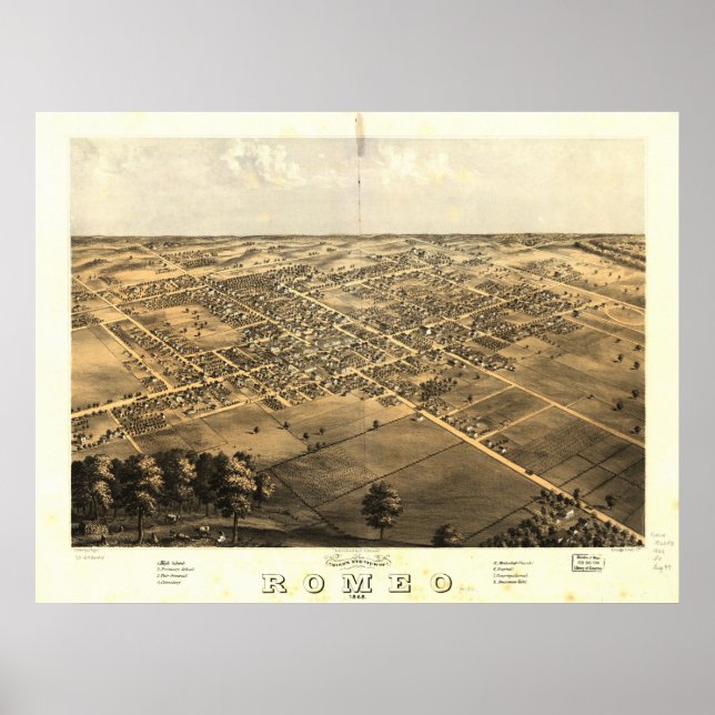 Poster Mapa Anterior Panorâmico Romeo Michigan 1868 (Frente)