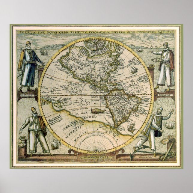 Poster Mapa Antigo, America Sive Novus Orbis, 1596 (Frente)