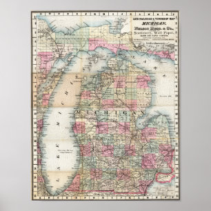 Poster Mapa Antigo da Área de Michigan 1878