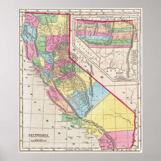 Poster Mapa Antigo da Califórnia 1856 (Frente)