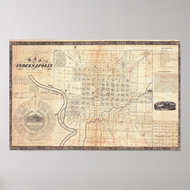 Poster Mapa Antigo da Cidade de Indianapolis 1836 (Frente)