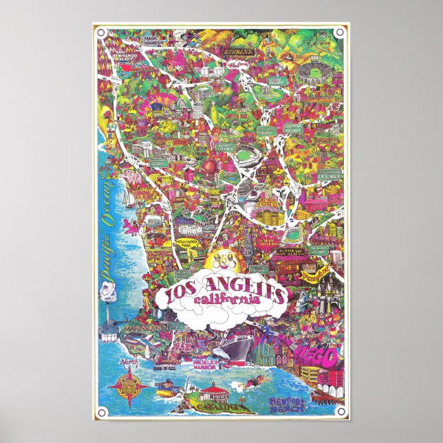 Poster Mapa Antigo da Cidade de Los Angeles na Califórnia (Frente)