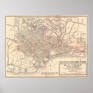 Poster Mapa Antigo da Cidade de Santa Barbara Califórnia
