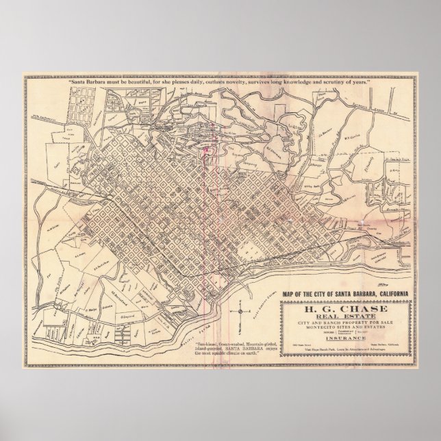 Poster Mapa Antigo da Cidade de Santa Barbara Califórnia  (Frente)