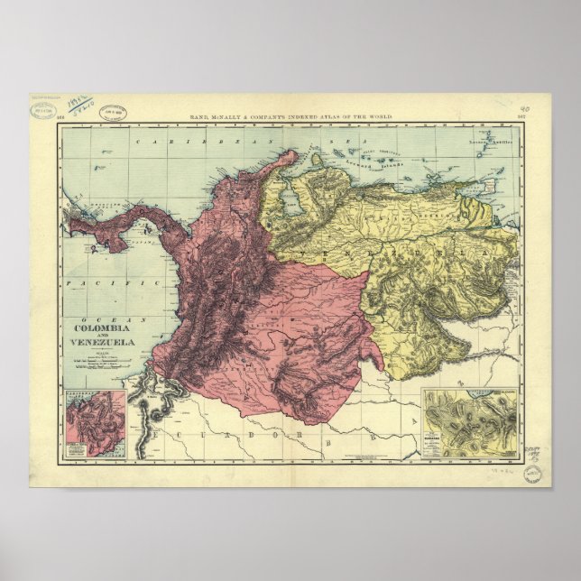 Pôster Mapa antigo da Colômbia e Venezuela 1898 (Frente)