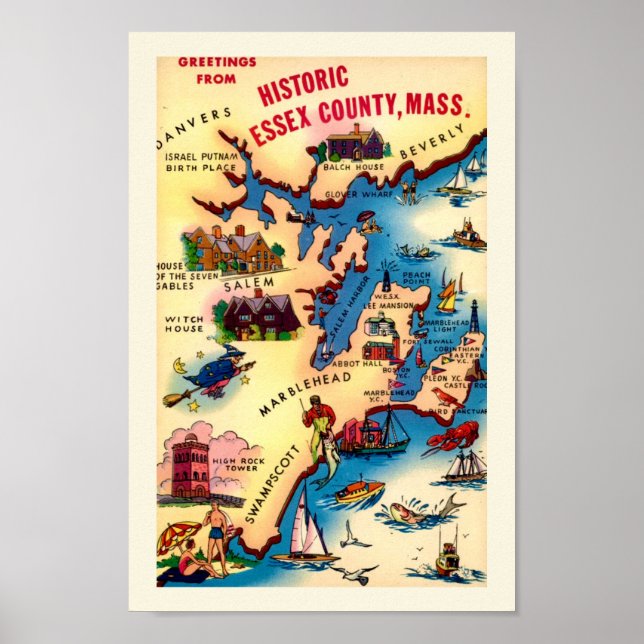 Poster Mapa Antigo da Costa de Massachusetts (Frente)