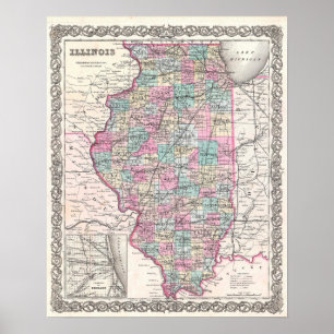 Poster Mapa antigo da decoração do vintage de Illinois