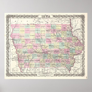 Pôster Mapa antigo da decoração do vintage de Iowa