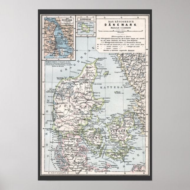 Pôster Mapa antigo da Dinamarca, Danmark em dinamarquês,  (Frente)