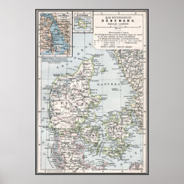 Pôster Mapa antigo da Dinamarca, Danmark em dinamarquês, 