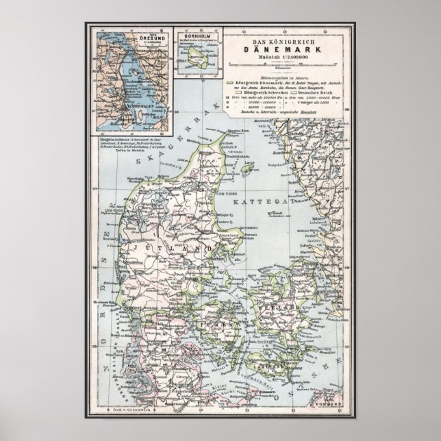 Pôster Mapa antigo da Dinamarca, Danmark em dinamarquês,  (Frente)