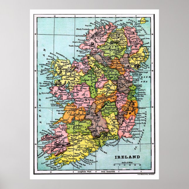 Poster Mapa antigo da era vitoriana da Irlanda (Frente)