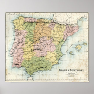 Poster Mapa antigo da Espanha e de Portugal