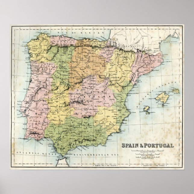 Póster Mapa antigo da Espanha e Portugal na década de 170