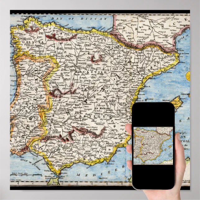 Mapa de espanha e portugal mostrando grandes cidades e citys arte imagem  impressão cartaz de seda decoração da parede casa