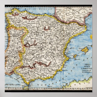 Pôster Mapa antigo da Espanha e Portugal na década de 170