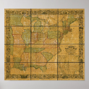 Pôster Mapa antigo da estrada de ferro 1856 dos Estados