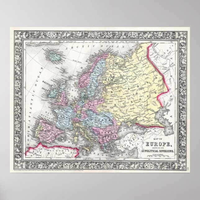Poster Mapa Antigo da Europa, 1860 (Frente)