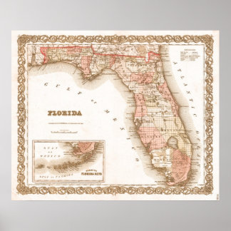 Poster Mapa antigo da Flórida 1855