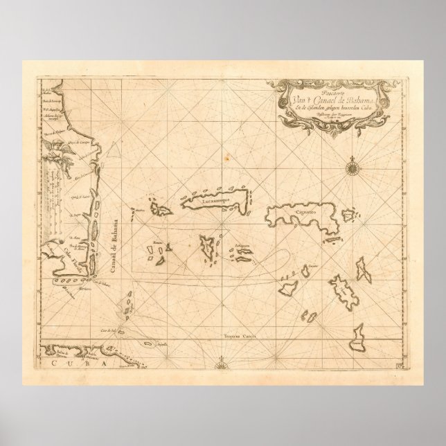 Poster Mapa antigo da Flórida e das Bahamas (1680) (Frente)
