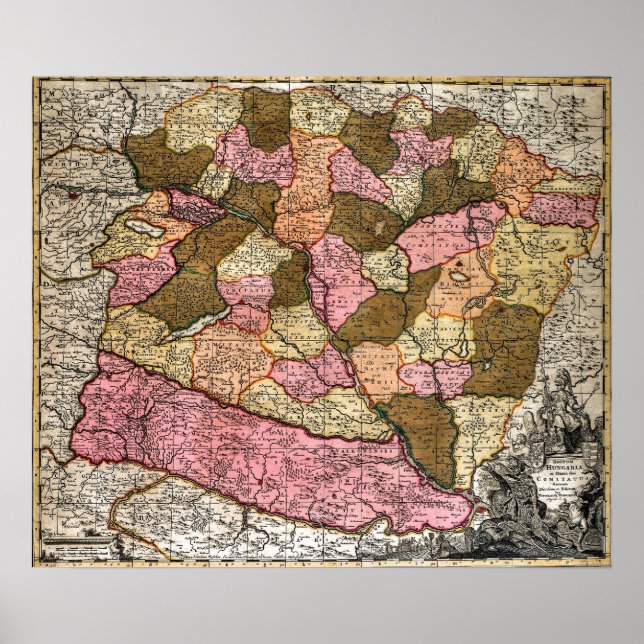 Pôster Mapa antigo da Hungria (Frente)