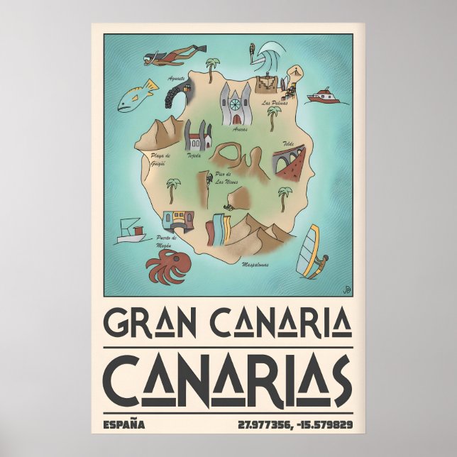 Poster Mapa Antigo da Ilha de Gran Canaria Impresso - Des (Frente)