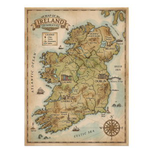 Pôster Mapa Antigo da Irlanda - Poster da Ilha Esmeralda