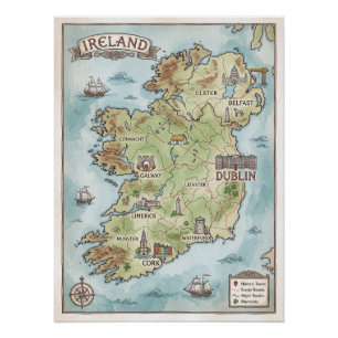 Pôster Mapa Antigo da Irlanda - Poster da Ilha Esmeralda