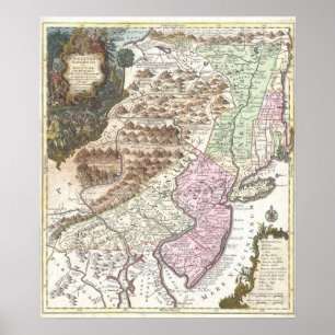 Poster Mapa Antigo da Nova Inglaterra e Estados Atlântico