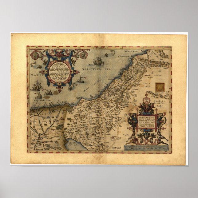 Pôster Mapa antigo da Palestina ORTELIUS ATLAS 1570 d.C. (Frente)