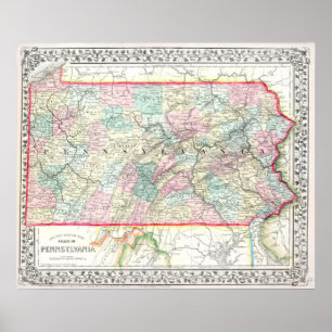 Poster Mapa Antigo da Pensilvânia, 1867