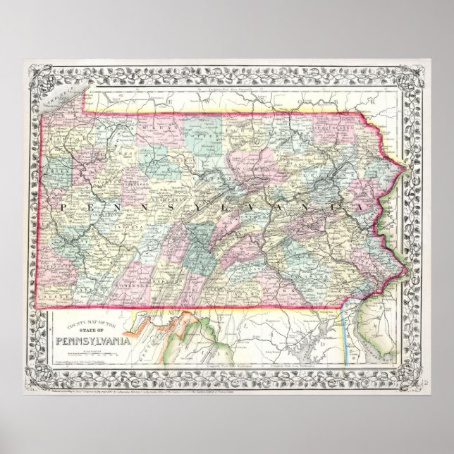 Poster Mapa Antigo da Pensilvânia, 1867 (Frente)