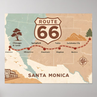 Poster Mapa Antigo da Rota 66 com Cidades Históricas