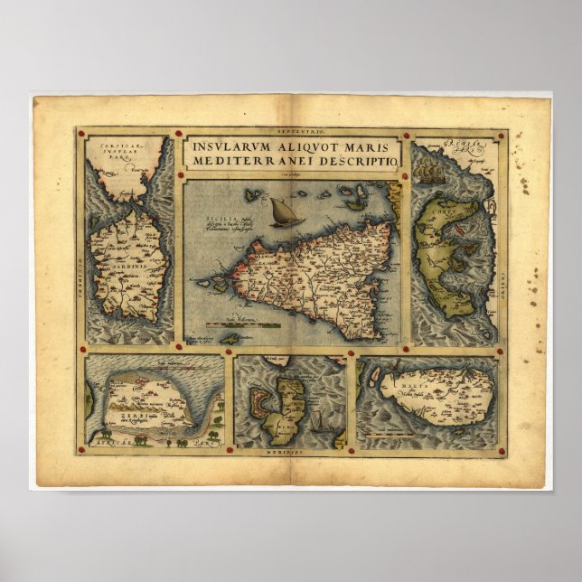 Pôster Mapa antigo da Sicília ORTELIUS ATLAS 1570 d.C. (Frente)