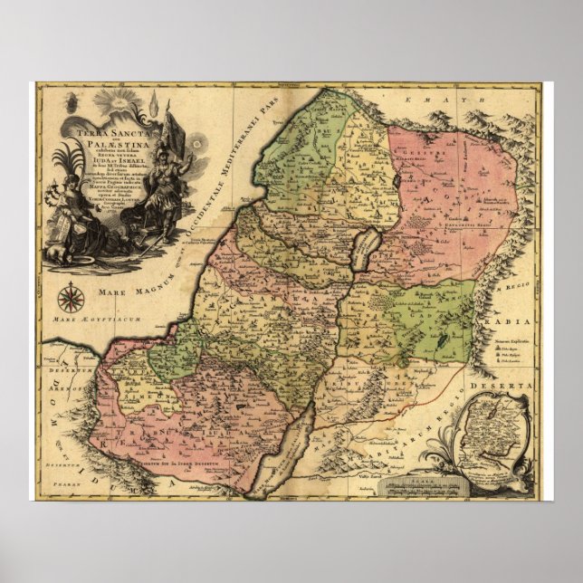 Pôster Mapa antigo da Terra Santa e das 12 Tribos (1759) (Frente)