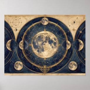 Poster Mapa Antigo das Fases Lunares Celestiais