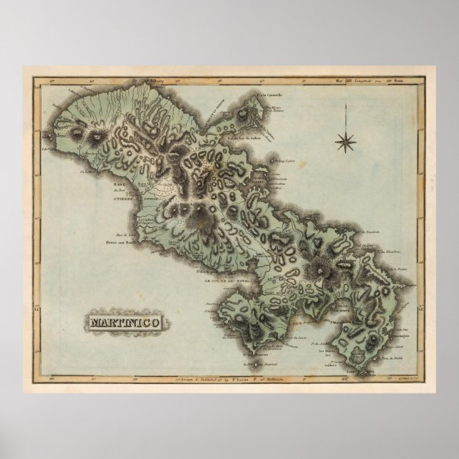 Poster Mapa antigo das Ilhas Martinica (1823) (Frente)