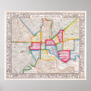 Poster Mapa Antigo de Baltimore, 1860
