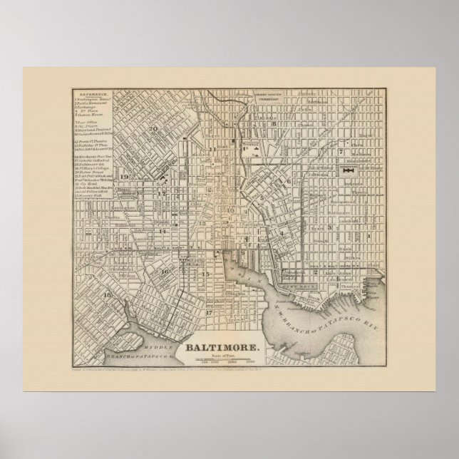 Poster Mapa antigo de Baltimore Maryland 1866 (Frente)