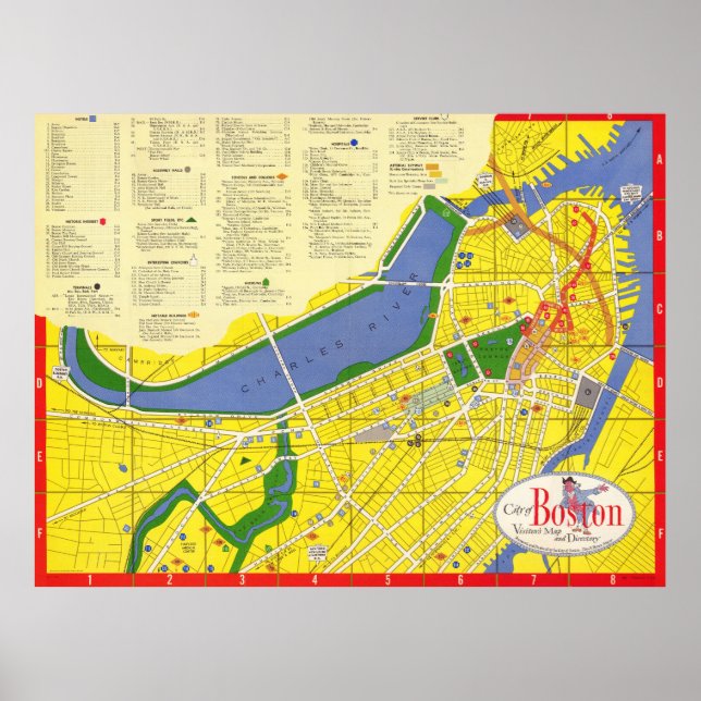 Poster Mapa Antigo de Boston Colorido e Detalhado (Frente)