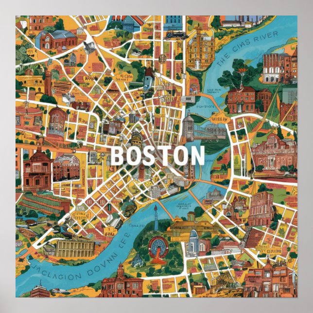Poster Mapa Antigo de Boston Massachusetts, Mapa de Bosto (Frente)
