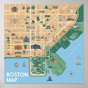 Poster Mapa Antigo de Boston Massachusetts, Mapa de Bosto