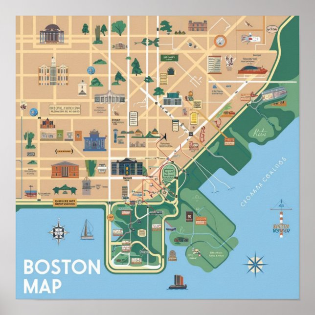 Poster Mapa Antigo de Boston Massachusetts, Mapa de Bosto (Frente)